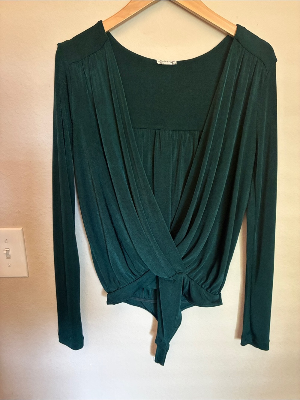Free People Turnt Draped V-Neck Long Sleeve Bodysuit Forest Green Med